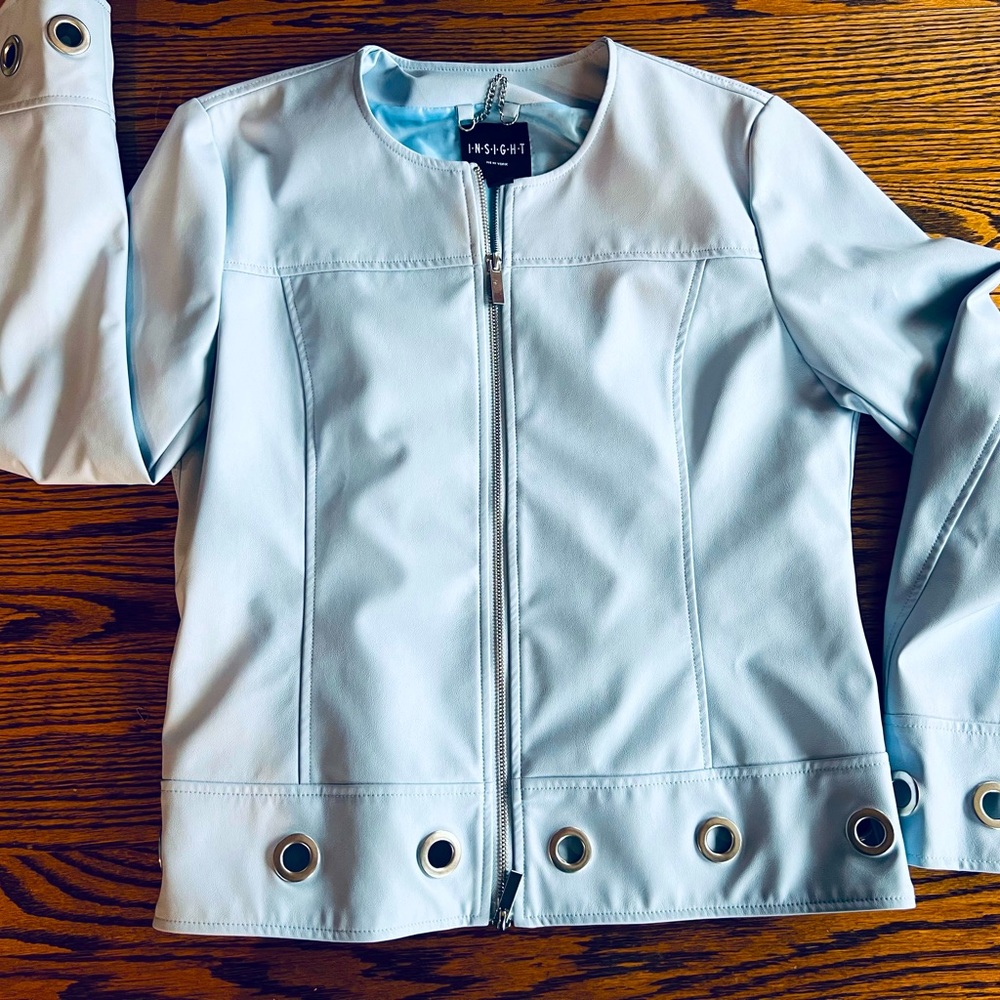 Insight Brand Faux Leather Zip Jacket Embellished Hem & Cuffs Sz 8 Light Blue